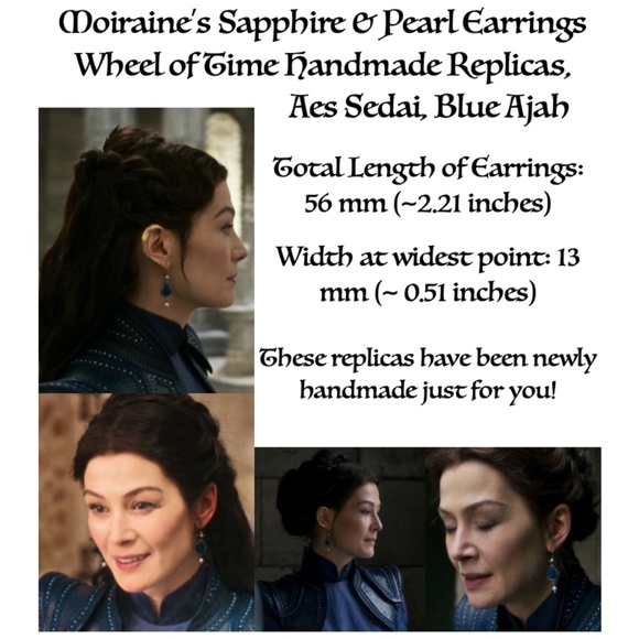Moiraine’s Teardrop Sapphire & Pearl Earrings Wheel of Time Handmade Replicas - Picture 15 of 16
